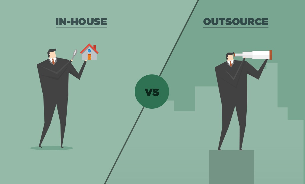 Image of a man holding a house to represent in-house sourcing vs a man holding a telescope representing outsourcing